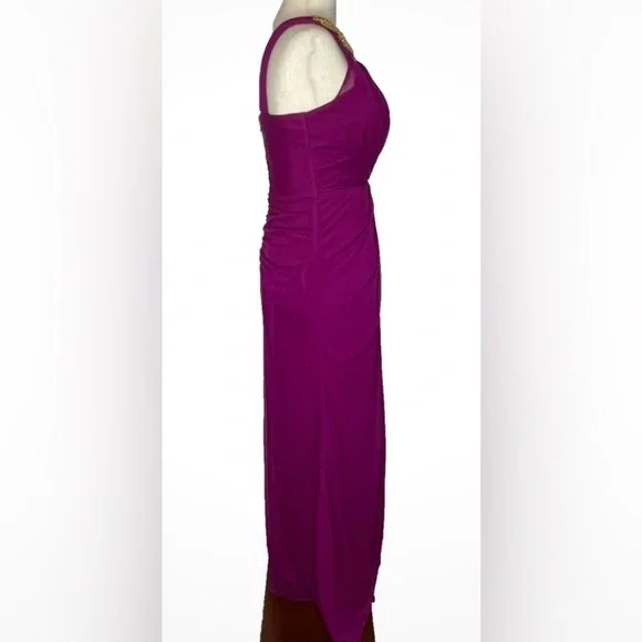 Xscape Elegant Evening Gown Plum Color Size 4  Dress with Gold Embellishment. - Picture 7 of 11